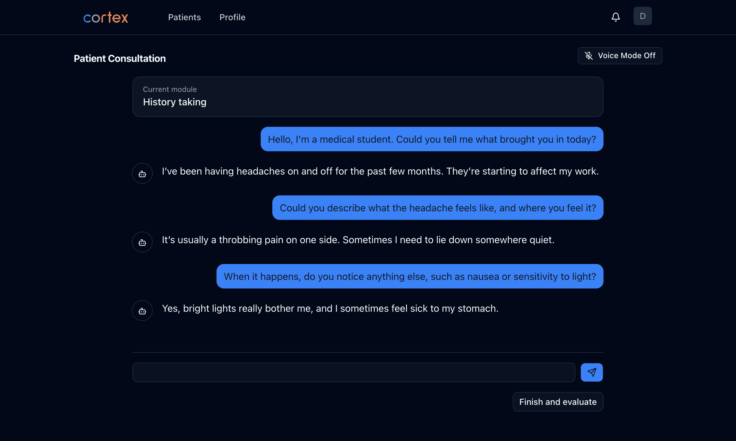 A demonstration Cortex interview: a student asks a simulated patient about her headache, with text and voice controls available.