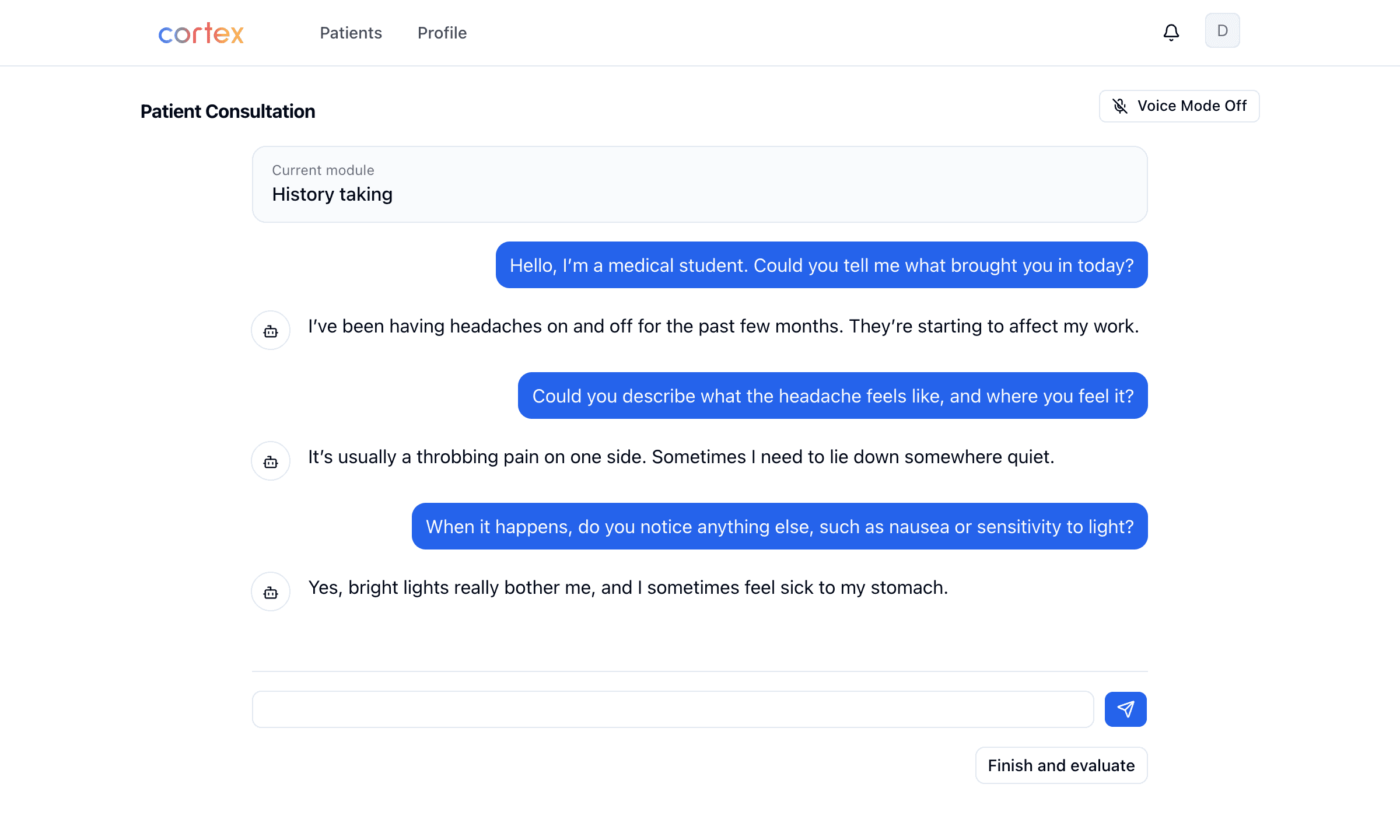 A demonstration Cortex interview: a student asks a simulated patient about her headache, with text and voice controls available.